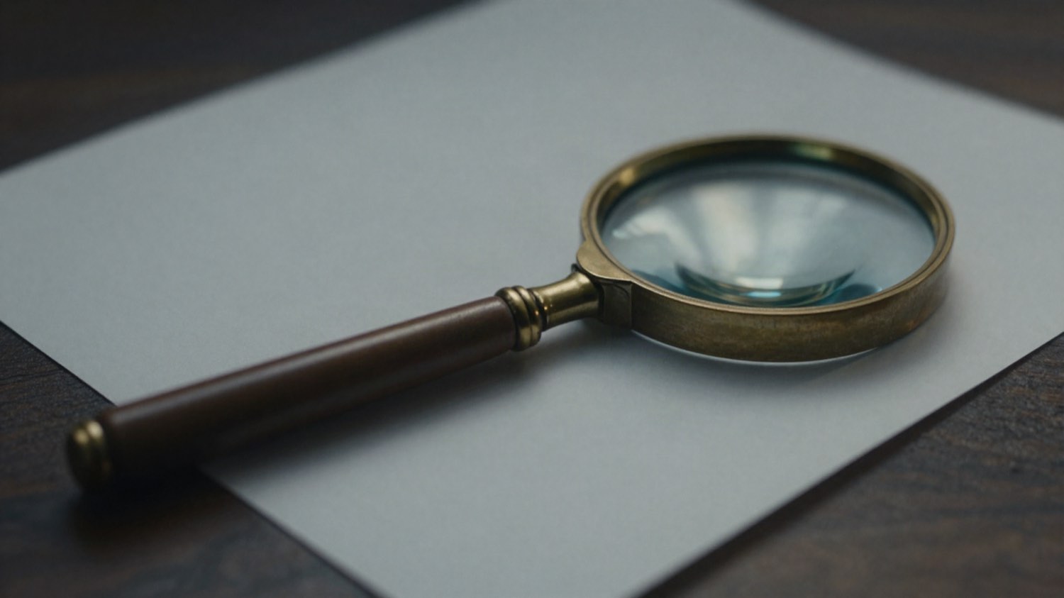 Une loupe en laiton posée sur un document imprimé, sur un bureau en bois sombre