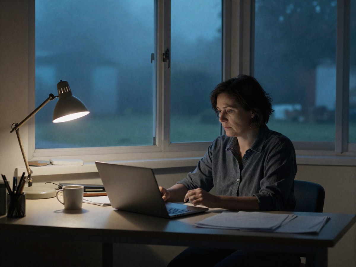 Une dirigeante de petite entreprise à son bureau, au petit matin