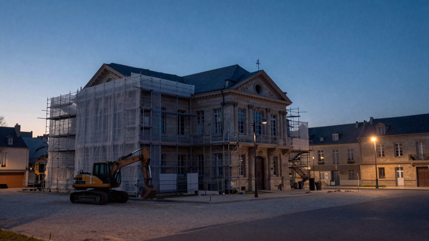 Un bâtiment public communal sous échafaudage et une pelleteuse à l'arrêt, à l'aube