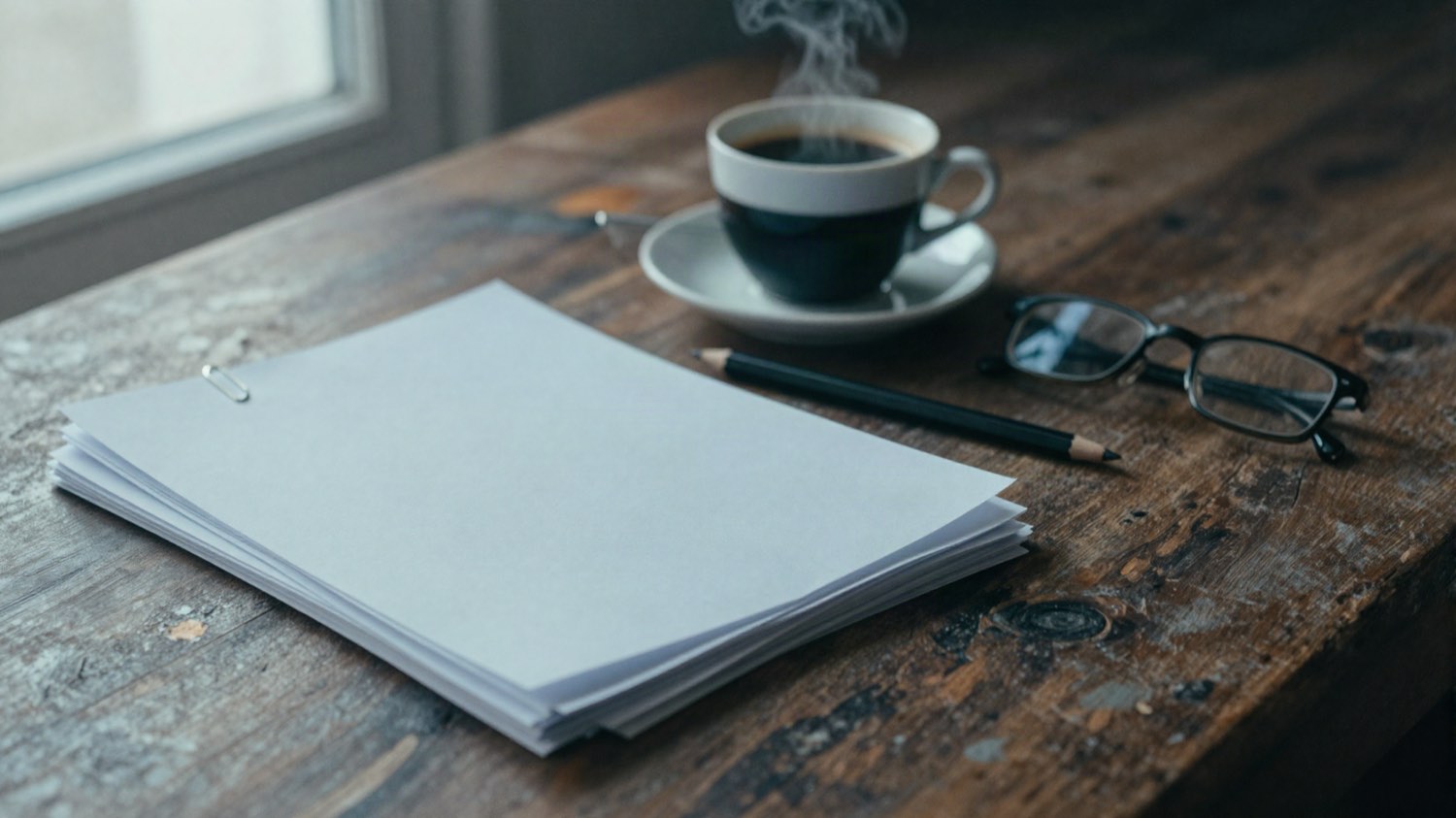 Des documents imprimés, un café et des lunettes de lecture sur une table de bois au matin