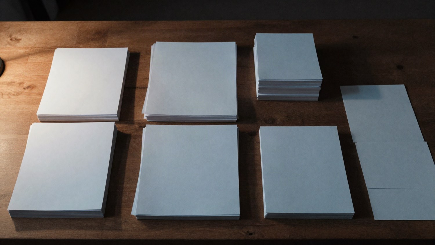 Des feuilles imprimées triées en piles nettes sur une grande table de bois
