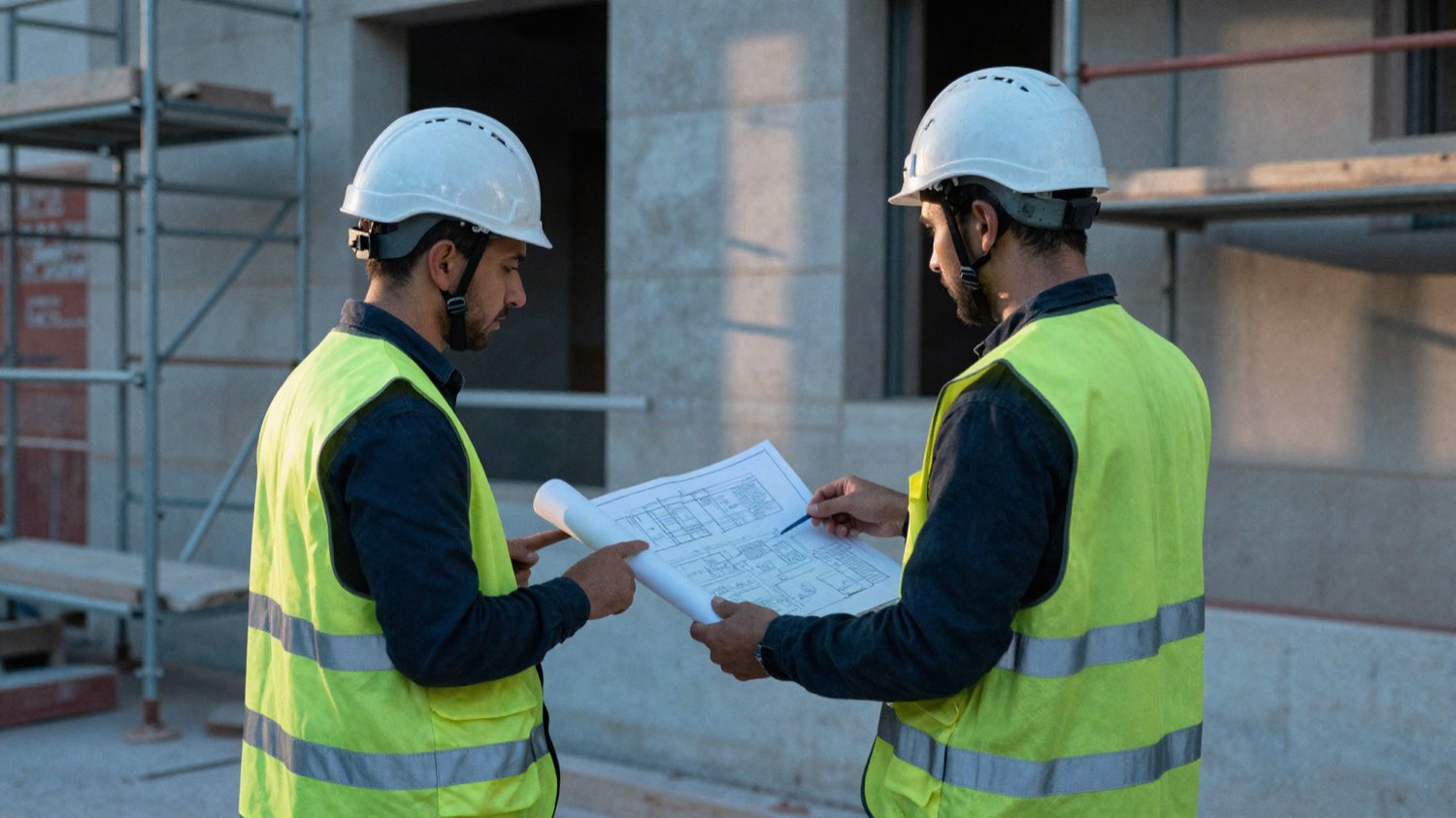 Deux ouvriers en casque examinent un plan déroulé sur un chantier